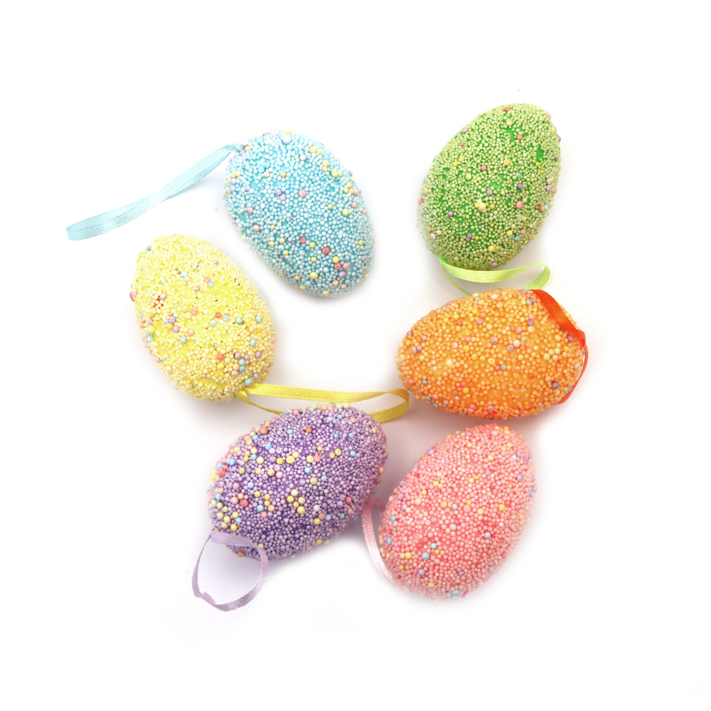 Set of Styrofoam Eggs, Colorful Easter Day Hanging Egg Ornaments, 57x39 mm, with Assorted colors & hangers - 6 pieces