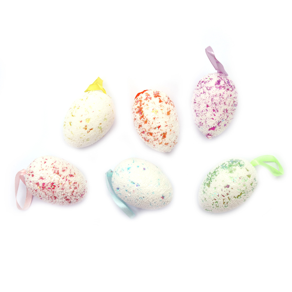 Colorful Styrofoam Eggs For Easter Decoration, 47x67 mm, MIX colors, with Ribbon Hangers - 6 pieces