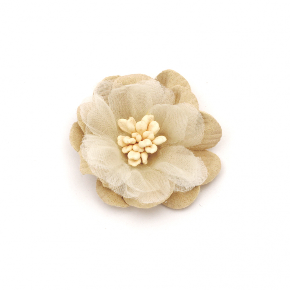 Flower made of suede paper and organza with stamens 47x20 mm color beige