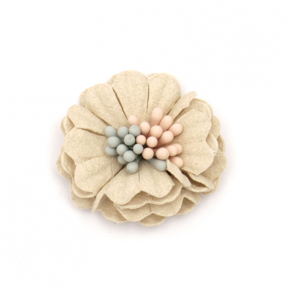 Flower made of suede paper with a stump and colored stamens 30x13 mm champagne pastel color
