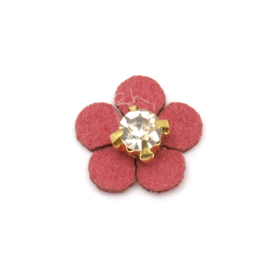 Flowers made of suede paper with crystal for DIY Accessories, Jewelry Making 13 mm color red - 10 pieces