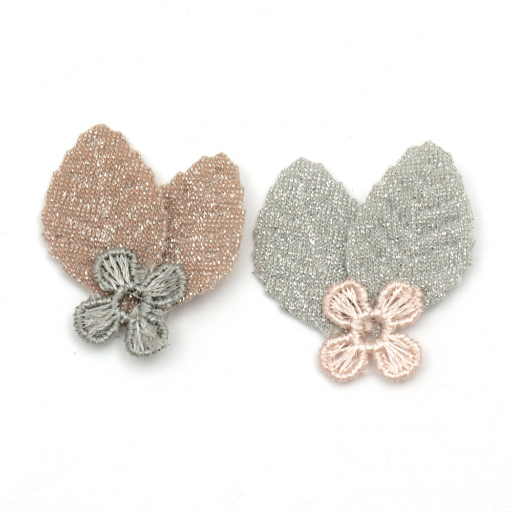 Textile element for decoration flower with petals 30x30 mm color mix gray, pink -5 pieces
