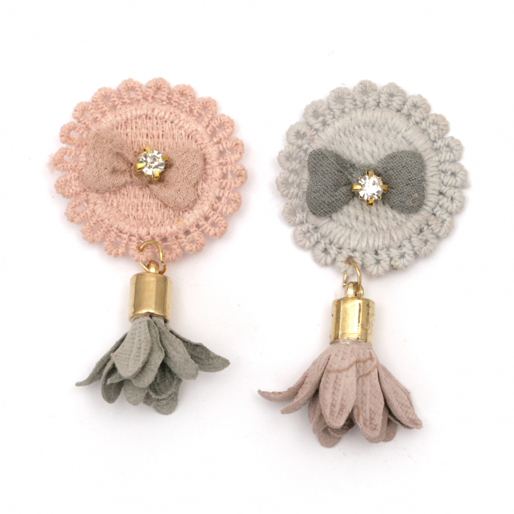 Textile element for decoration emblem with crystal and tassel 60x33 mm color mix gray, pink -5 pieces