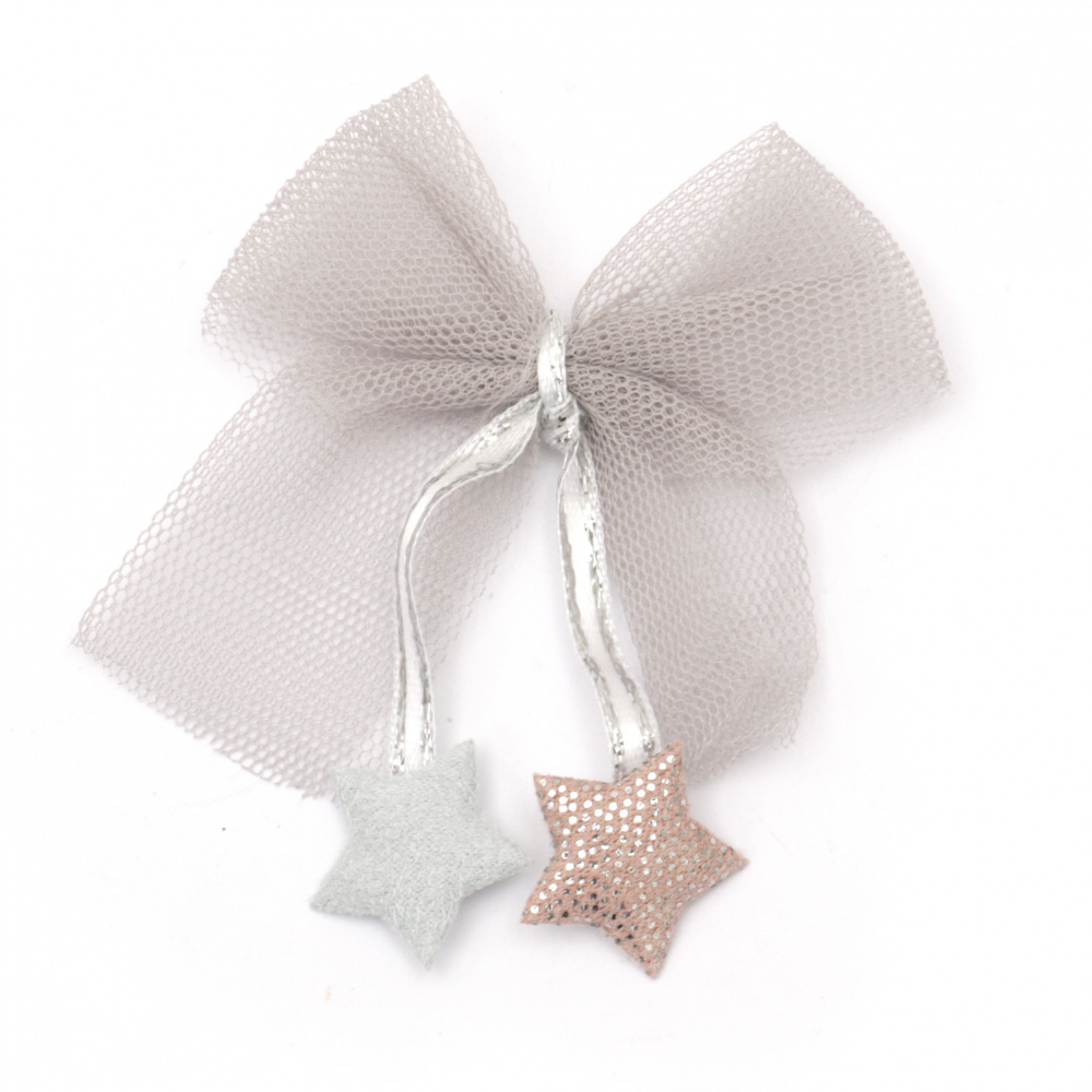 Textile element for decoration tulle ribbon with stars 55x50 mm color gray -5 pieces
