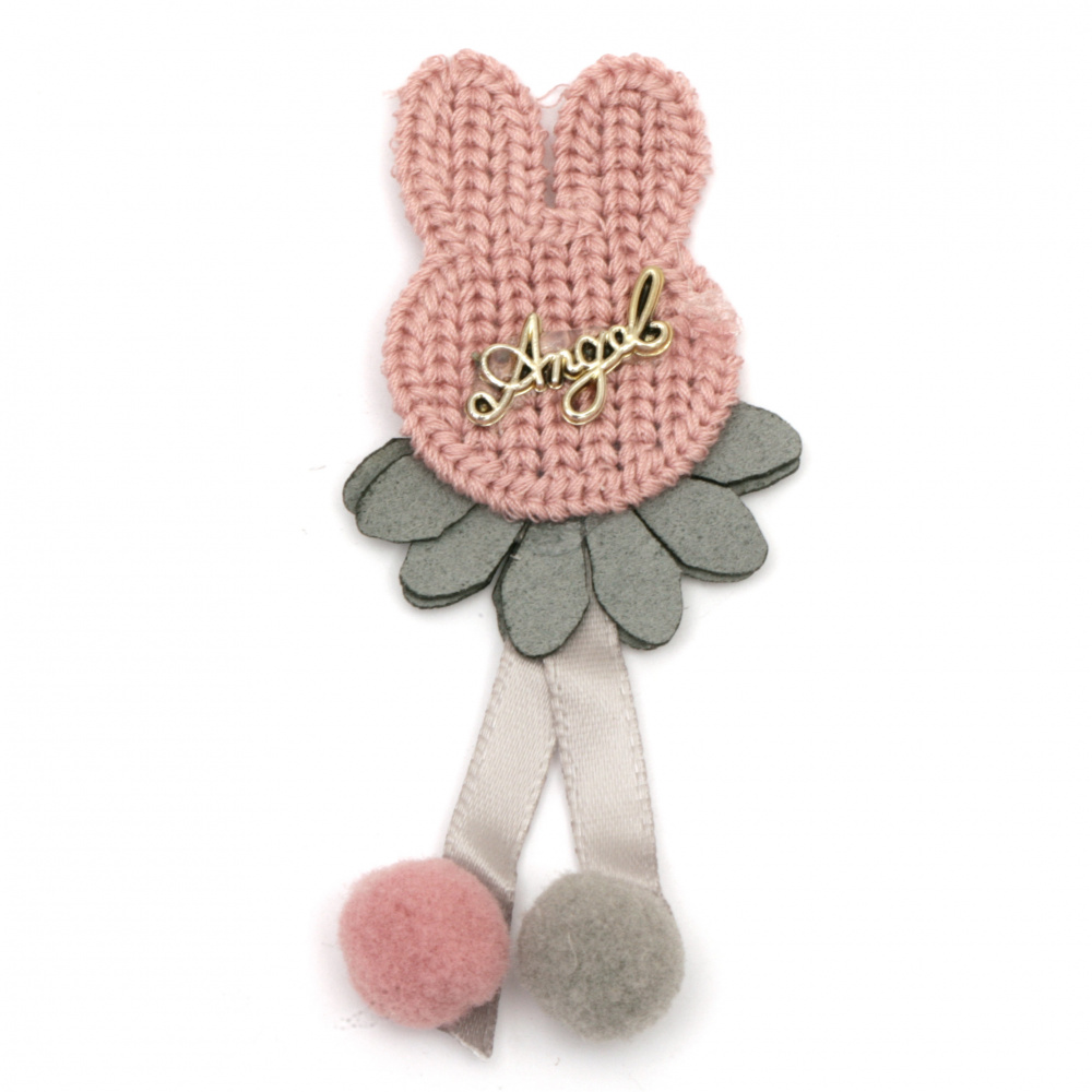 Textile element for decoration bunny with metal inscription and pompoms 80x30 mm color mix pink, gray -2 pieces