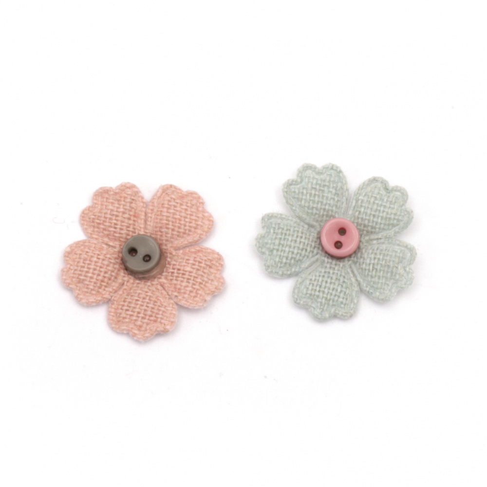 Λουλούδια με κουμπί 24 mm, ύφασμα, μιξ γκρι, ροζ -10 τεμάχια