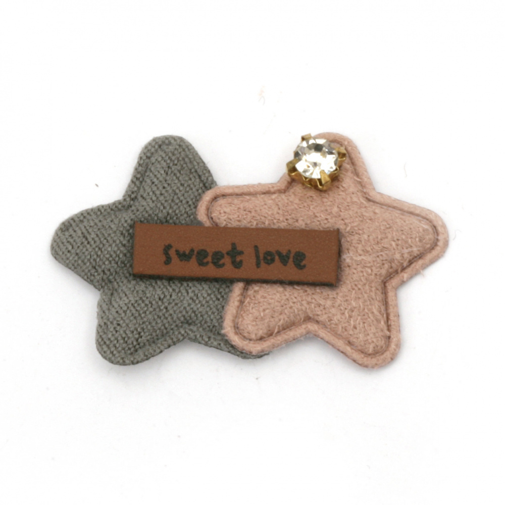 Textile element for decoration stars with inscription and crystal 40x23 mm color mix pink, gray -5 pieces