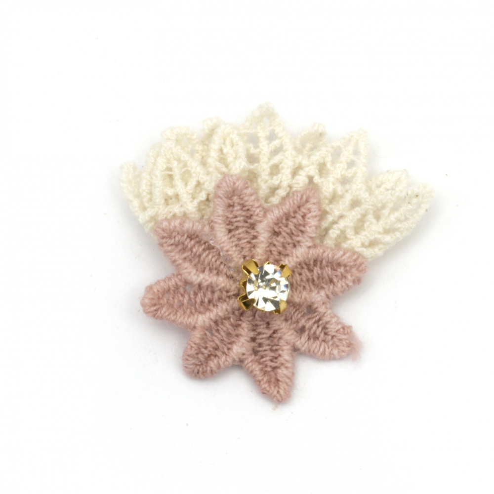 Текстилен елемент за декорация цвете с кристал, листа дантела 35x35 мм цвят розов, бял -5 броя