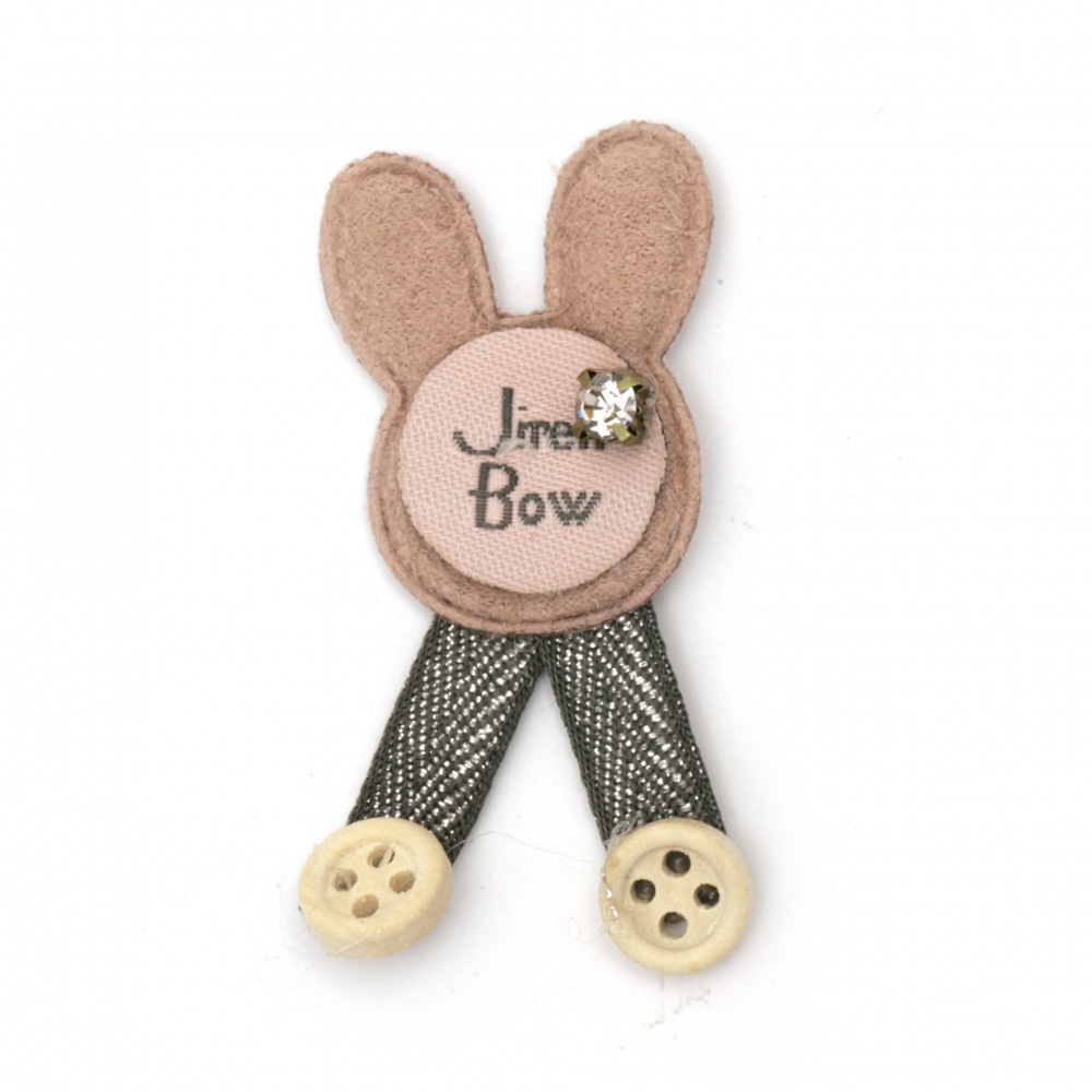 Textile element for decoration bunny with inscription and crystal 50x25 mm color pink, gray -5 pieces
