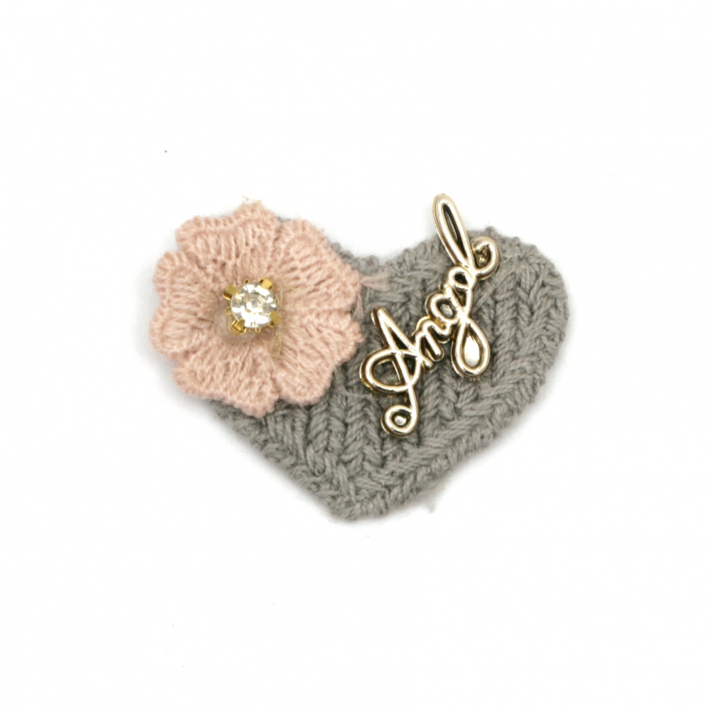 Textile element for heart decoration with crystal flower and metal inscription 35x30 mm color gray, pink -5 pieces