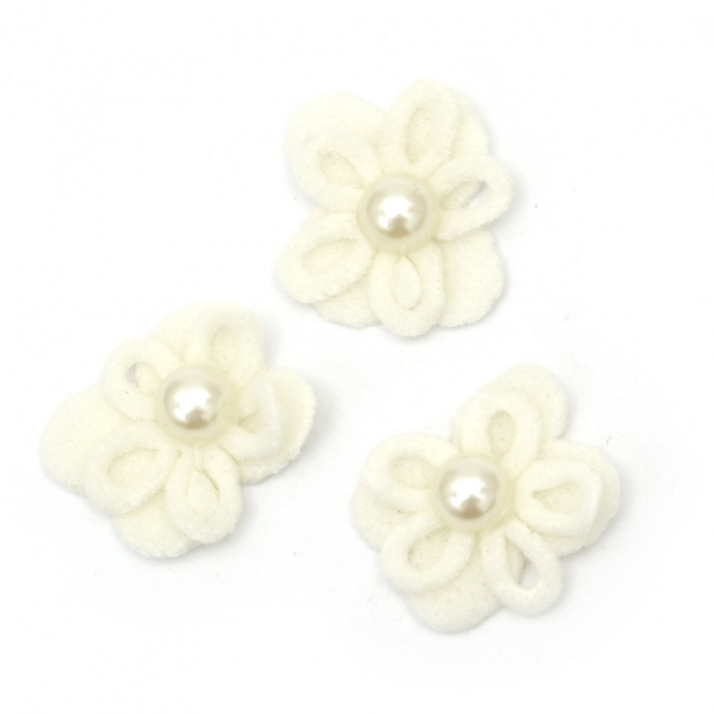 Текстилен елемент за декорация цвете с перла 27 мм цвят бял -10 броя