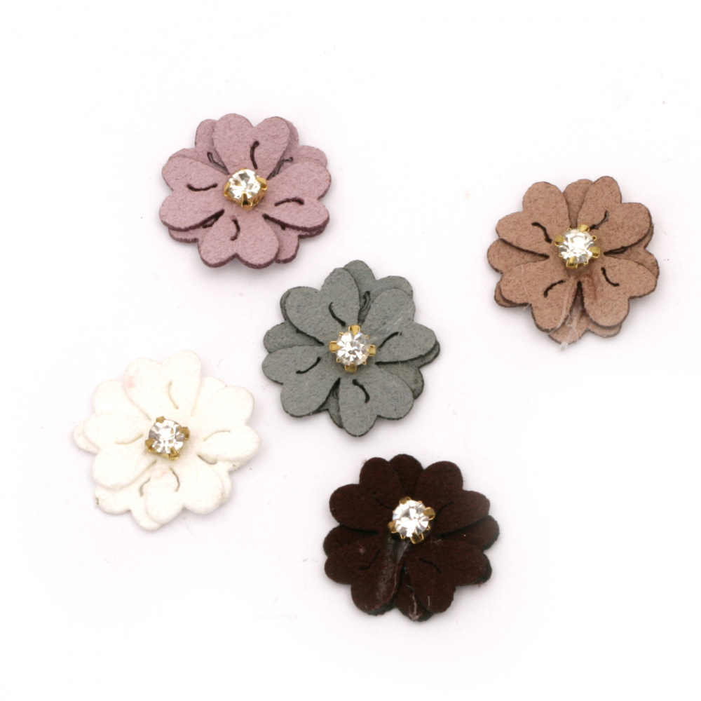 Textile element for decoration suede flower with crystal 20 mm color mix -10 pieces