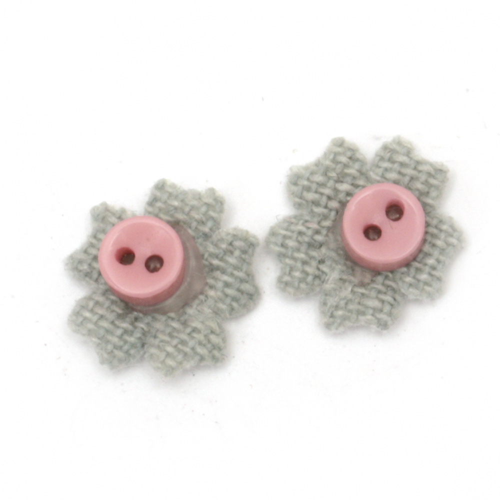 Textile element for flower decoration with a button 13 mm color gray, pink -10 pieces