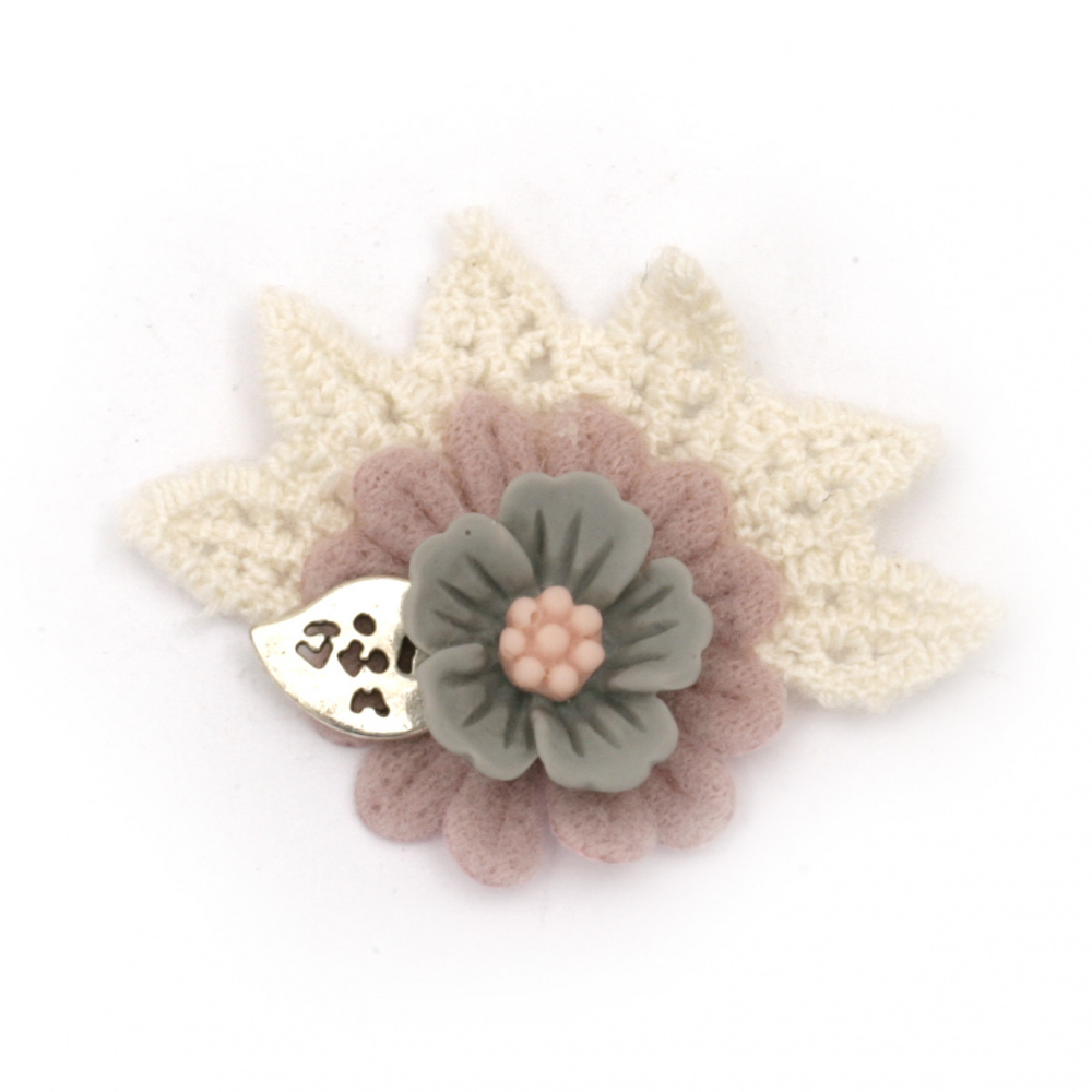 Element textil pentru decor fimo floare cu dantelă 35x45 mm culoare multicolor -2 bucăți