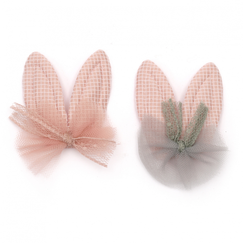 Textile element for decoration rabbit ears with tulle ribbon 48x40 mm color gray, pink -5 pieces