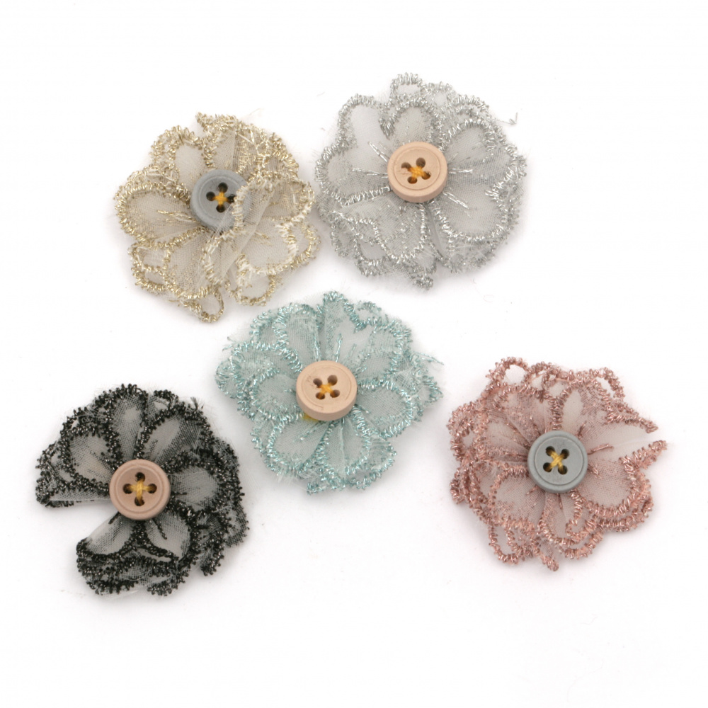 Element dantelă pentru decorarea florilor cu un buton 30 mm amestec de culori -5 bucăți