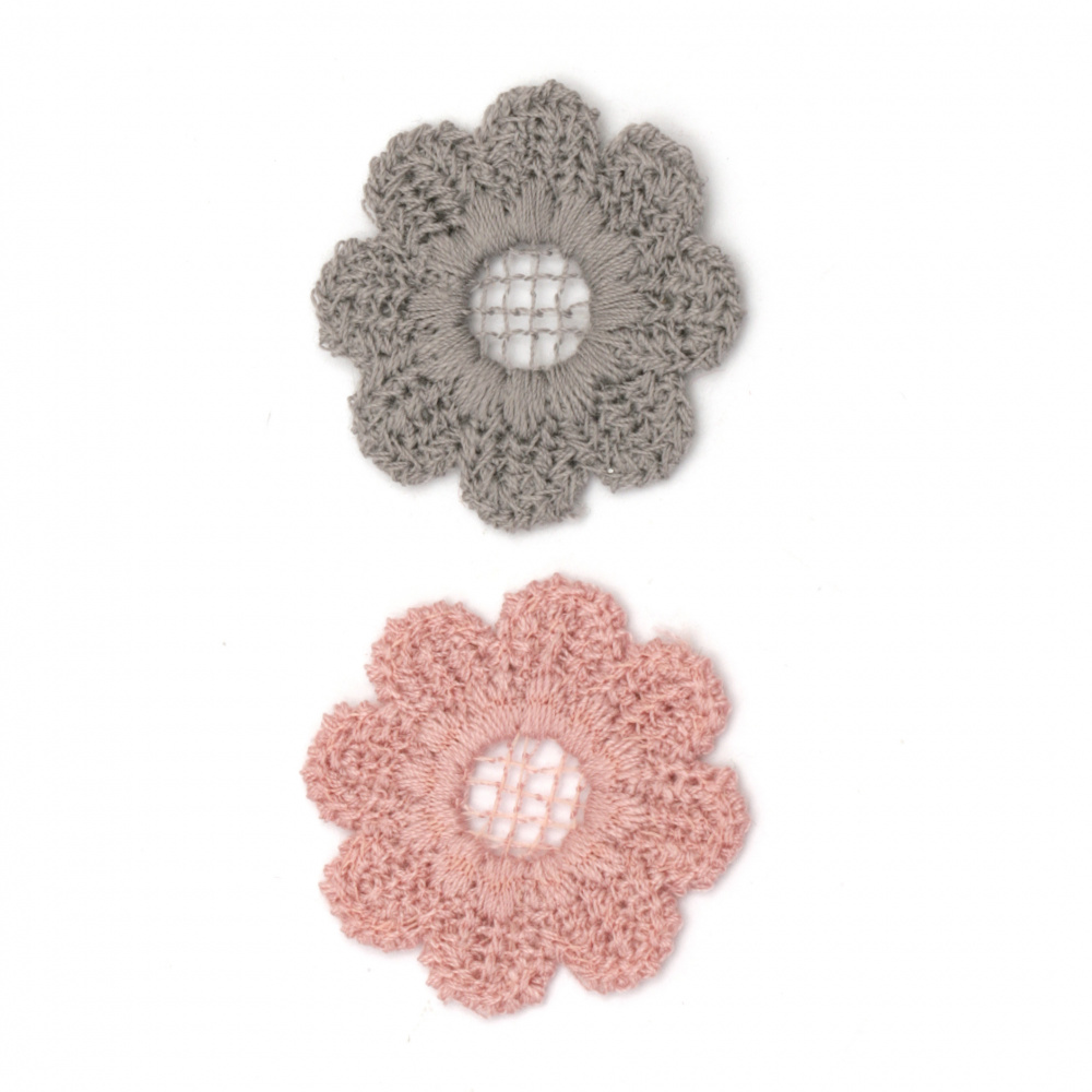 Element lace for decoration  flower35 mm color mix pink, gray -5 pieces
