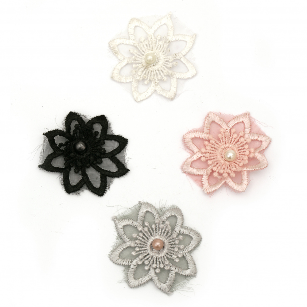 Елемент дантела за декорация цвете с перла 50 мм цвят микс -5 броя
