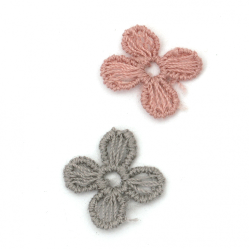 Елемент дантела за декорация цвете 16 мм цвят микс сив, розов -20 броя