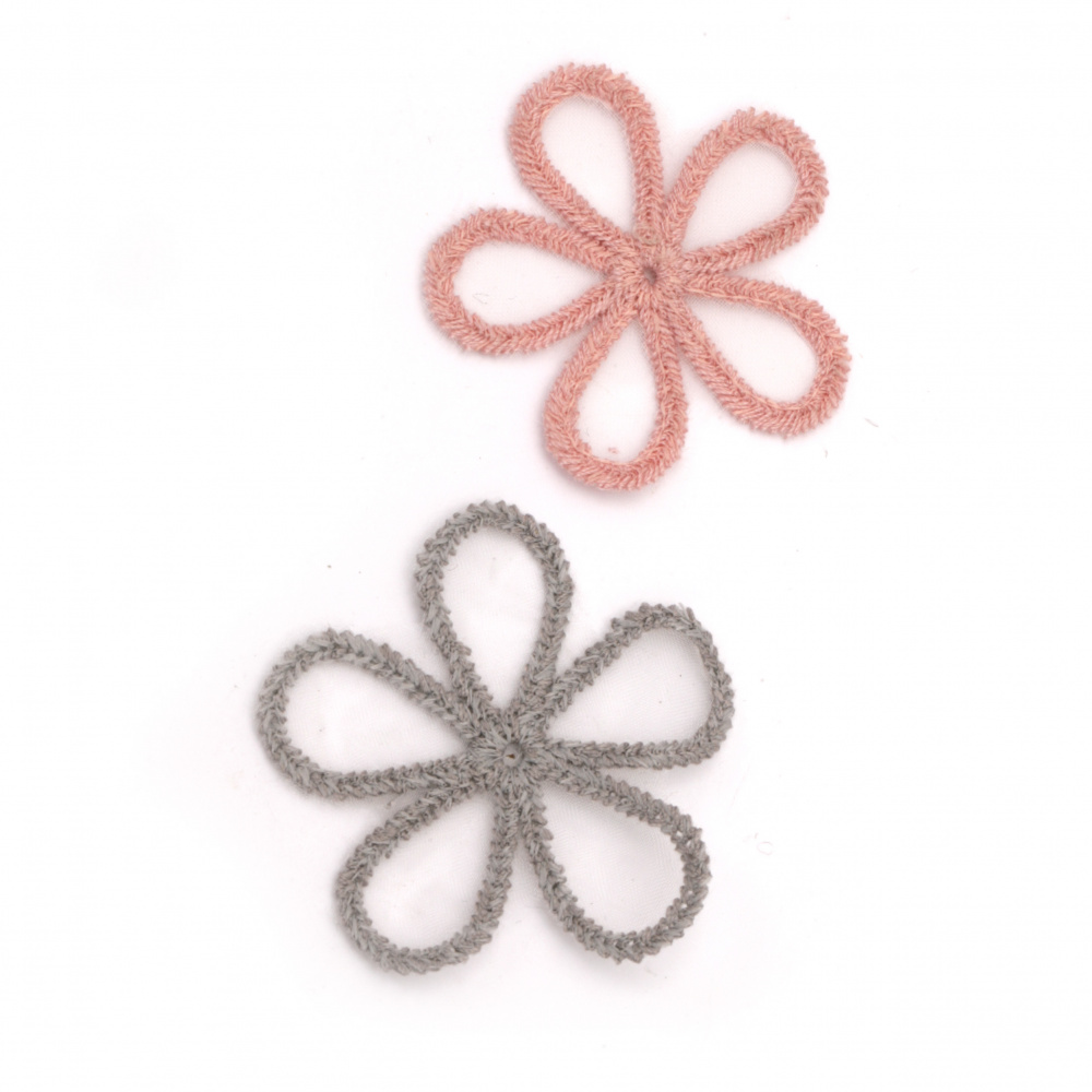Елемент дантела за декорация цвете 45 мм цвят микс сив, розов -5 броя