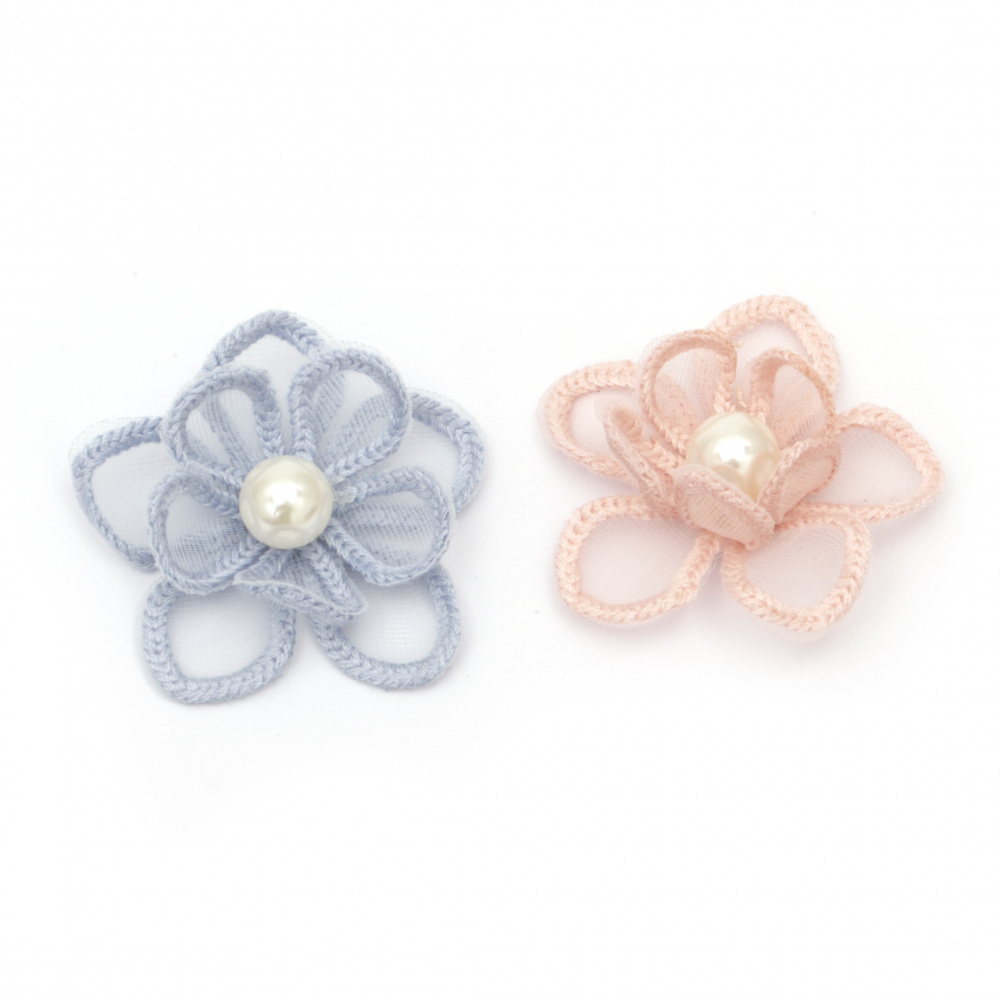 Lace Decorative Element Flower with Pearl, 45 mm, Assorted Colors - Pack of 2