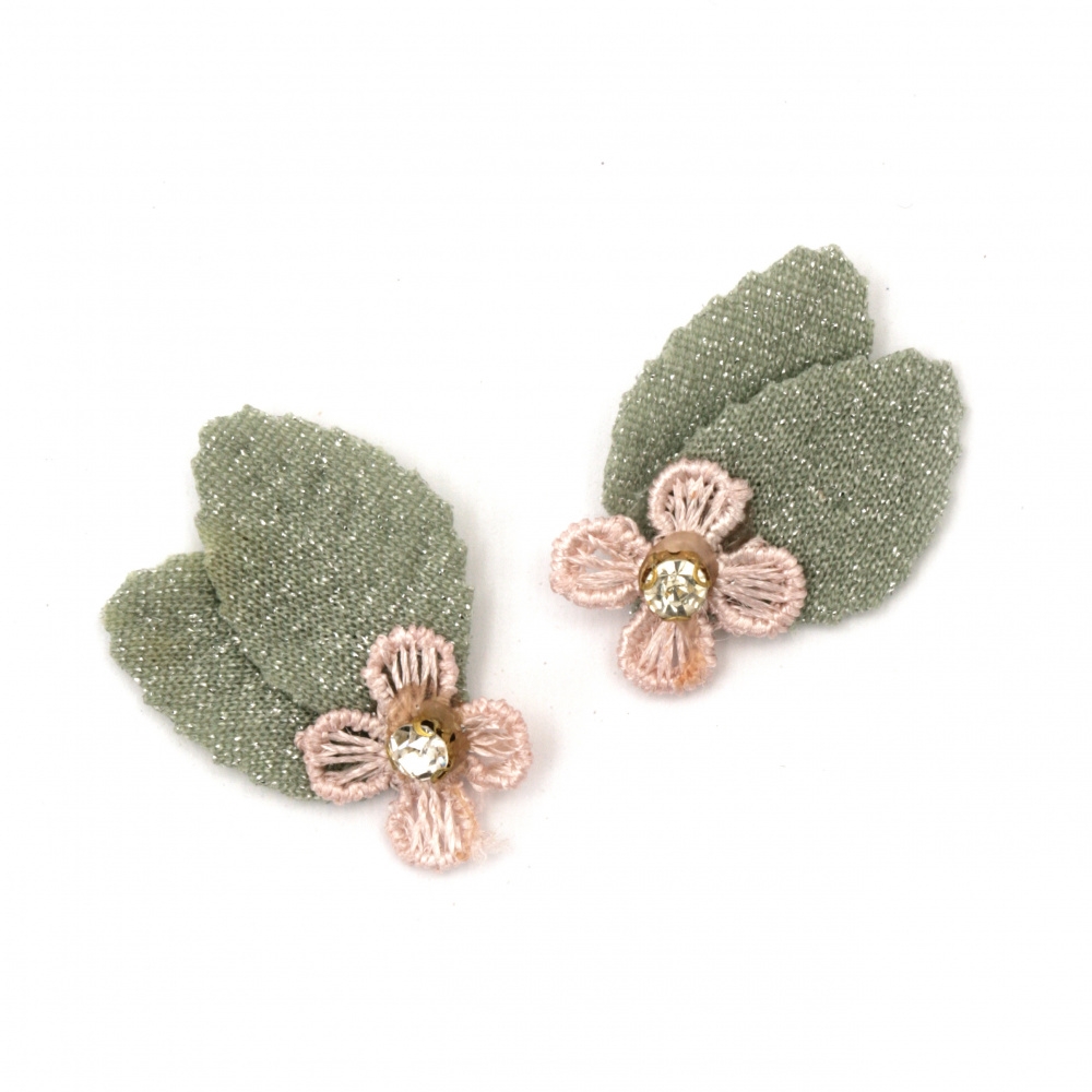 Textile Decorative Element, Flower with Leaves and Crystal, 30x30 mm, Green and Pink Color - Pack of 5