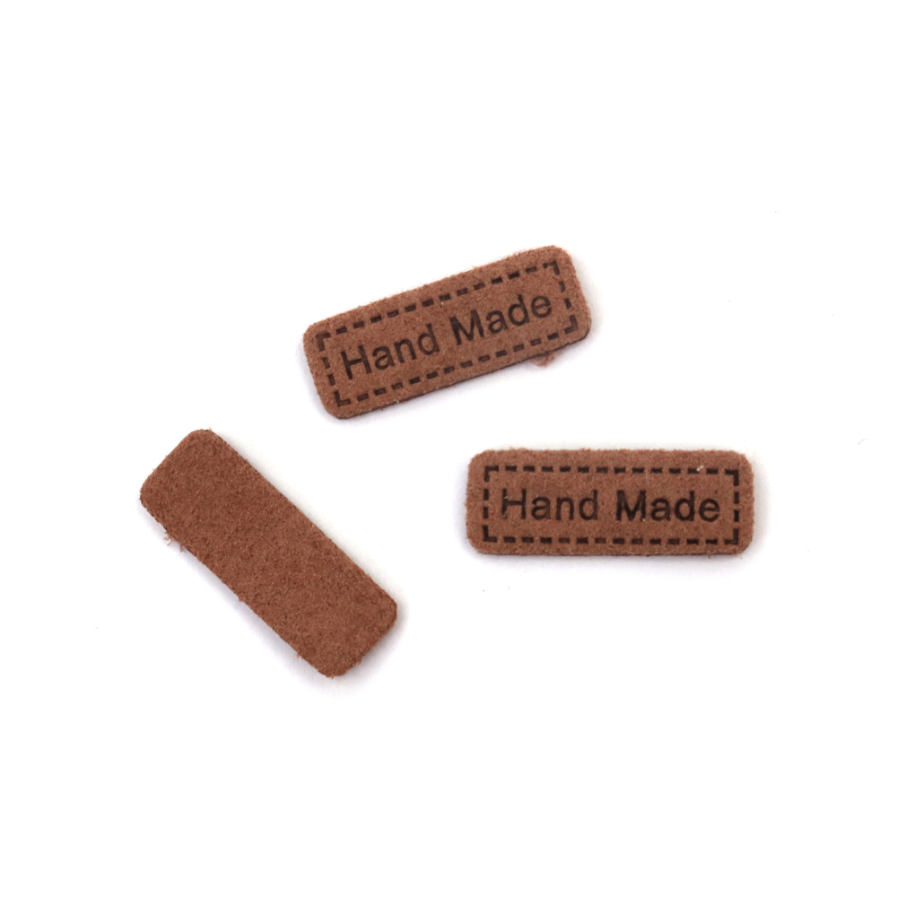 Soft Suede Label 0.8x22 mm with Inscription "Handmade", Light Brown - 10 pieces