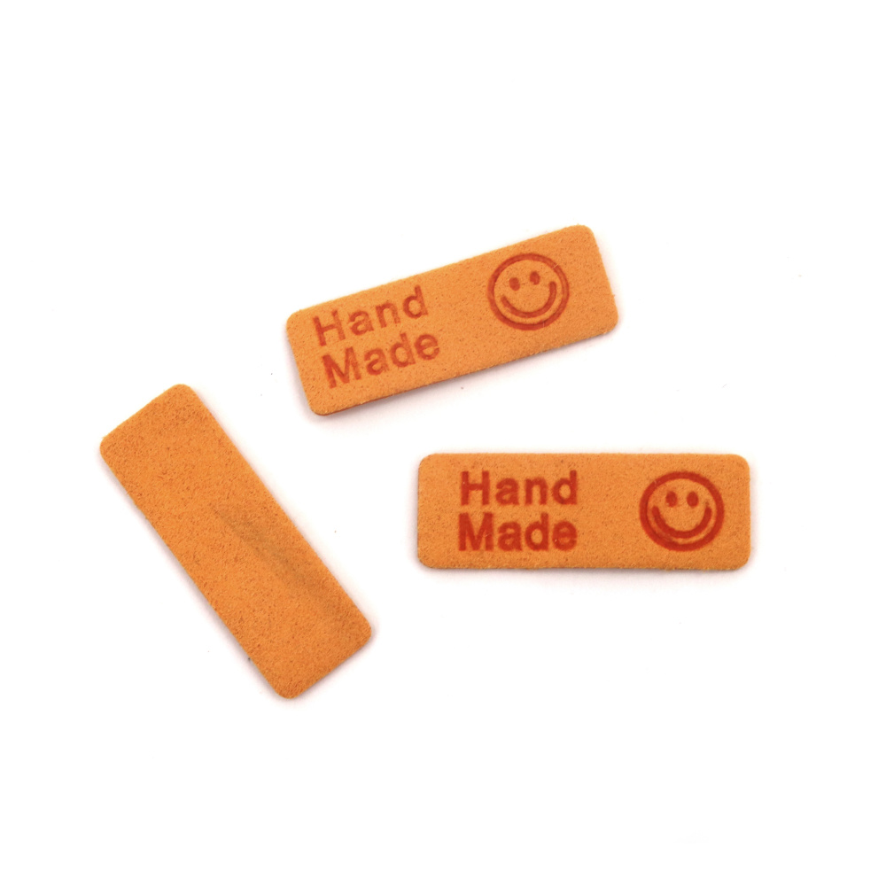 Soft Suede Label 40x1.5 mm with Inscription "Handmade" and Smile, Dark Yellow - 10 pieces