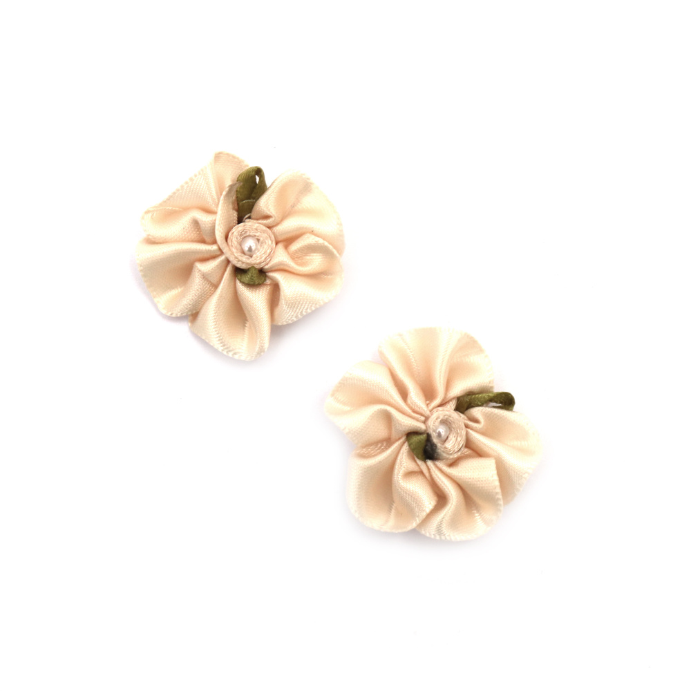 Flower, 30 mm, with pearl, ecru color - 10 pieces