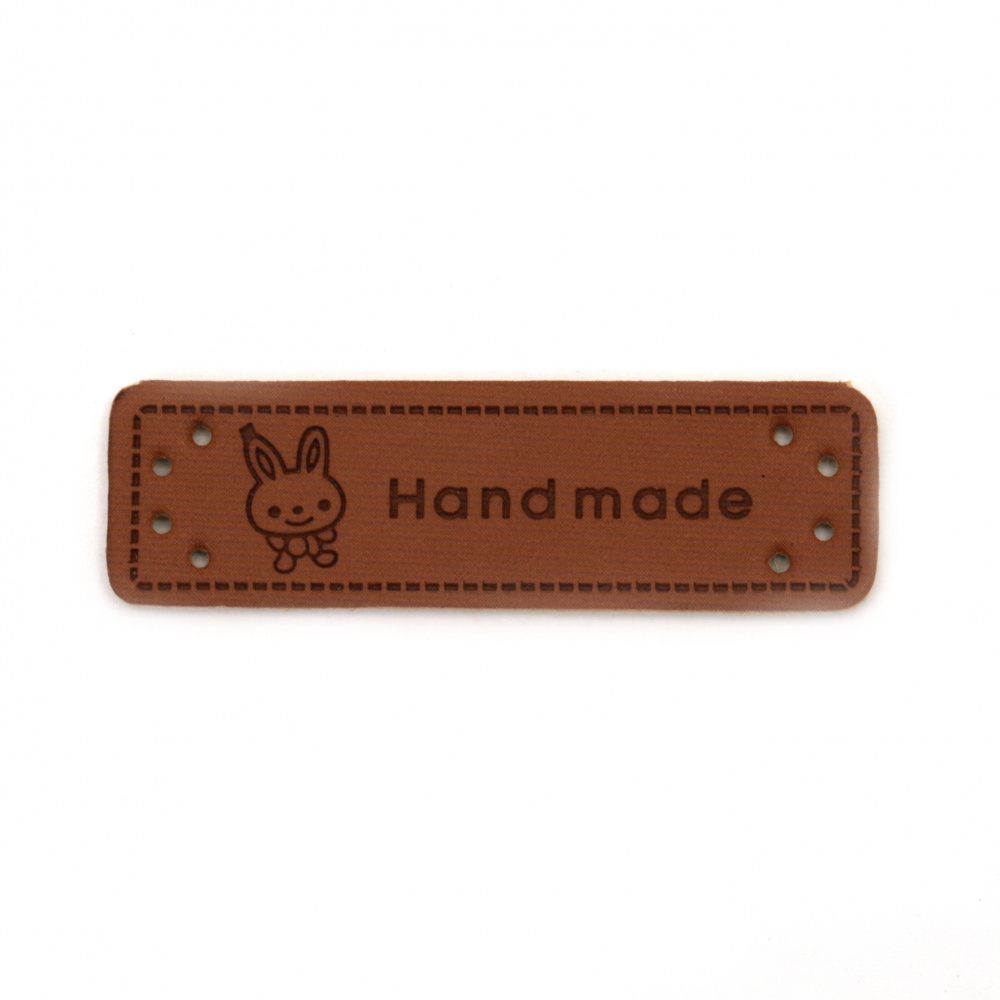 Imitation Leather Decorative Element, 50x15x1.2 mm, Hole 1 mm, with "Handmade" Inscription, Brown Color - Pack of 10