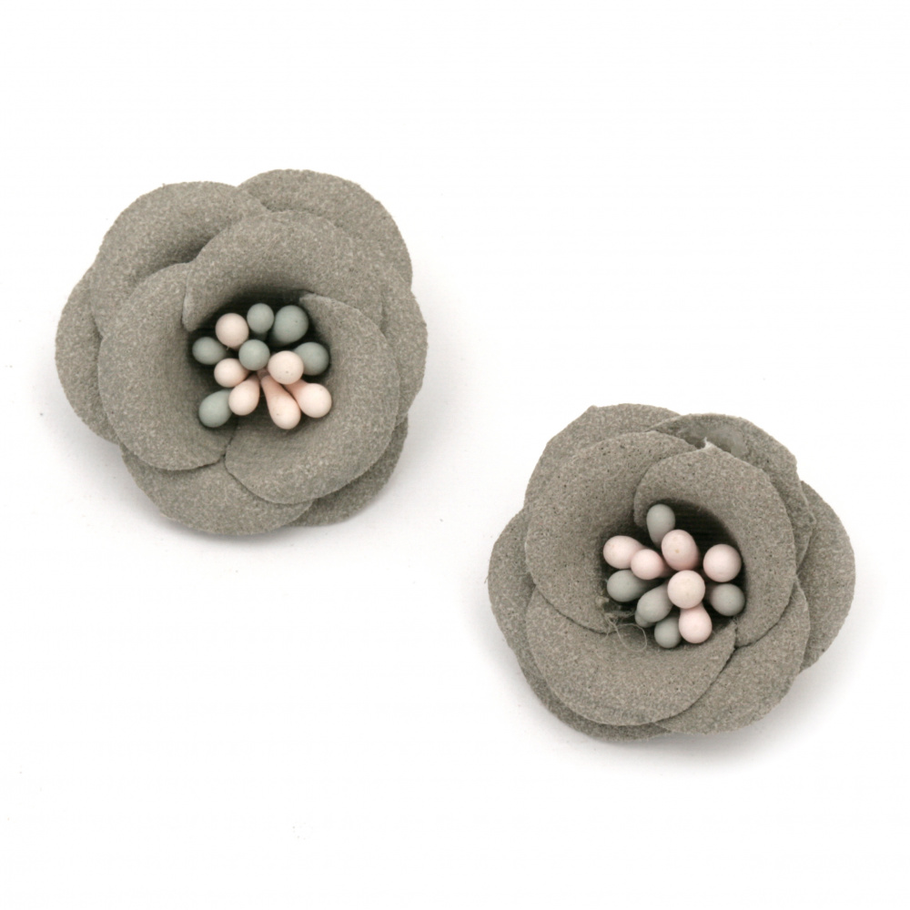 Flower with Velour Paper Stamens, 20x10 mm, Pastel Gray - 2 pieces