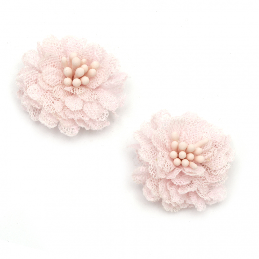 Lace Fabric Flower with Stamens, 30x15 mm, Light Pink Color - 2 Pieces