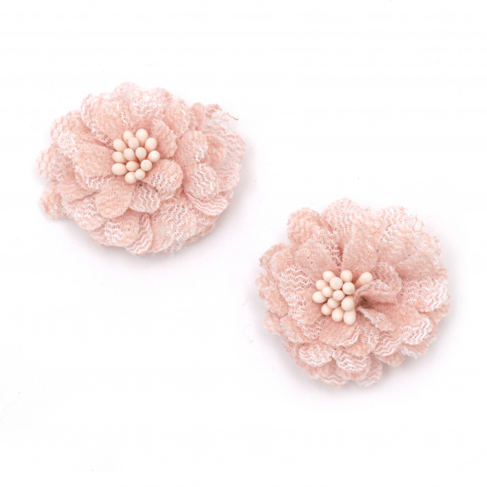 Цвете от дантела с тичинки 30x15 мм цвят розов -2 броя