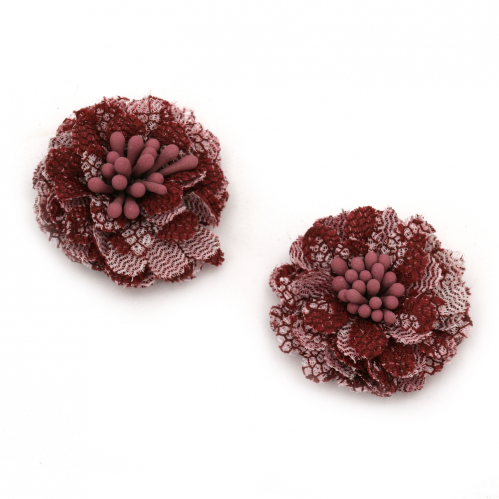 Цвете от дантела с тичинки 30x15 мм цвят бордо -2 броя