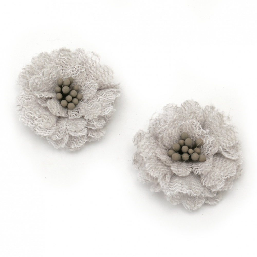 Lace Fabric Flower with Stamens, 30x15 mm, Light Gray Color - 2 Pieces