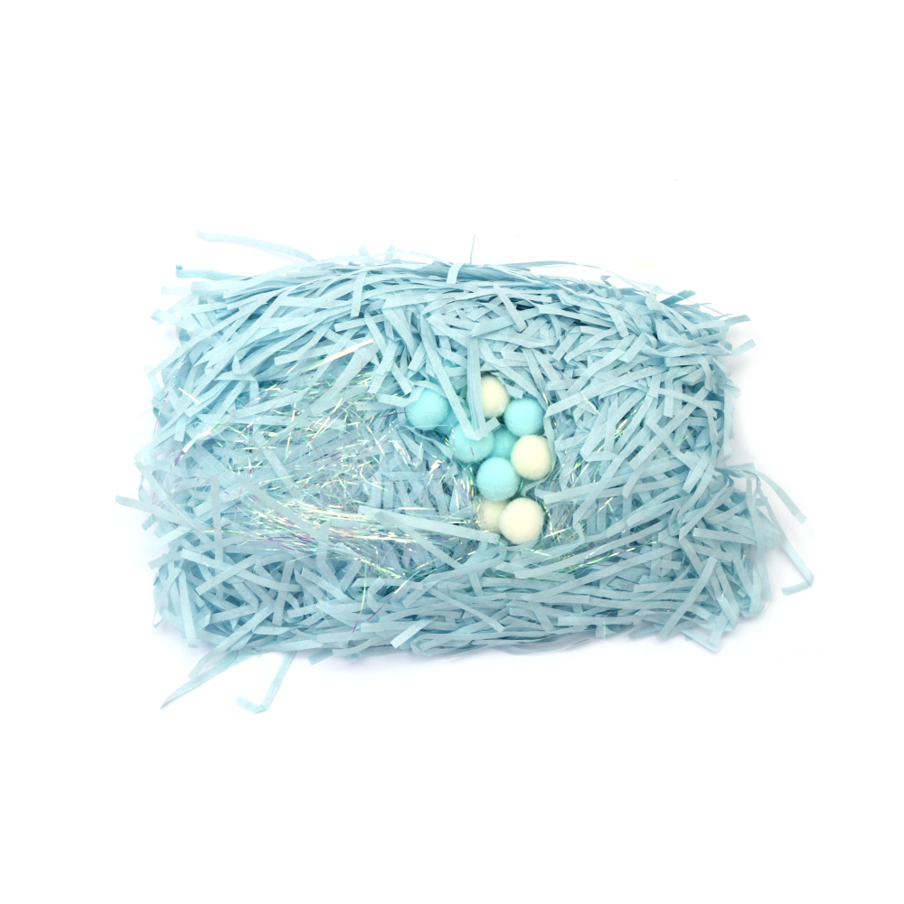 Paper Grass with Lamé Threat and Pompoms, Blue Color ~ 30 grams