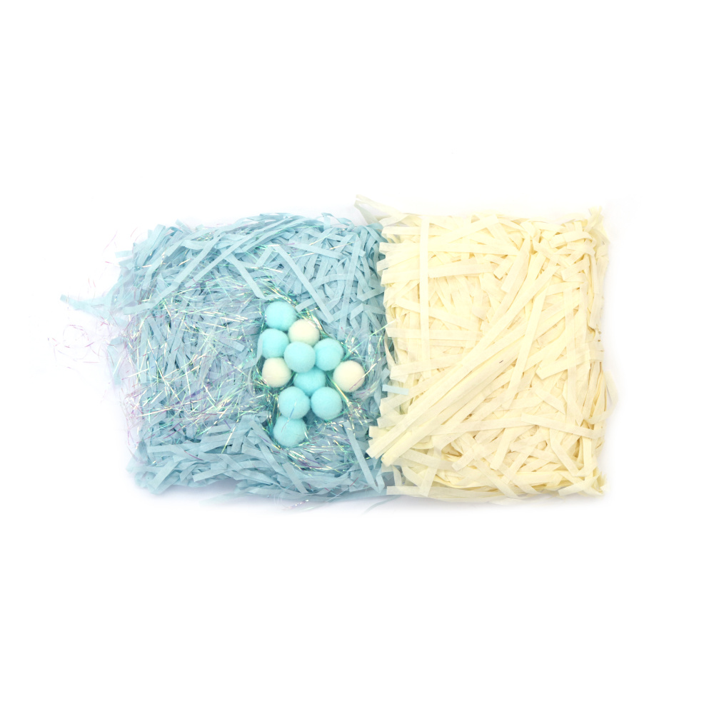 Two Colors of Paper Grass - Cream and Blue with Lamé Thread and Pompoms ~ 30 grams