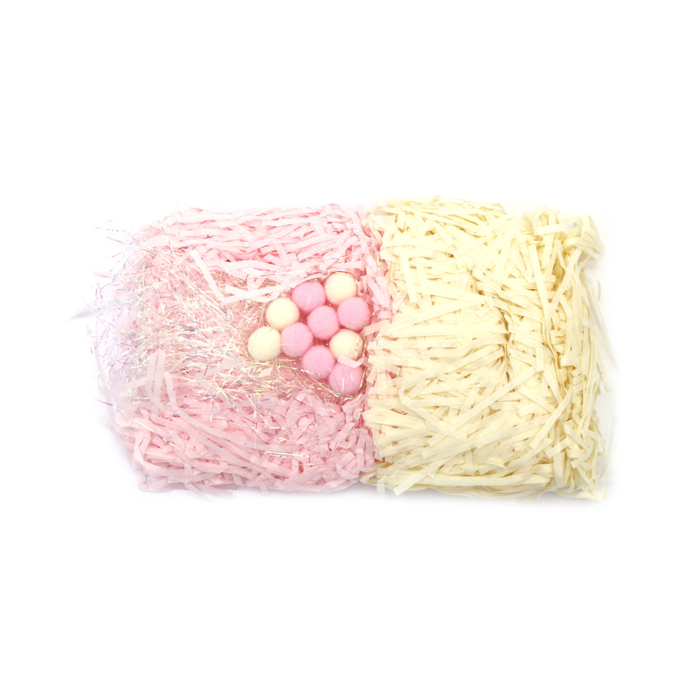 Two Colors of Paper Grass - Cream and Pink with Lamé Thread and Pompoms ~ 30 grams