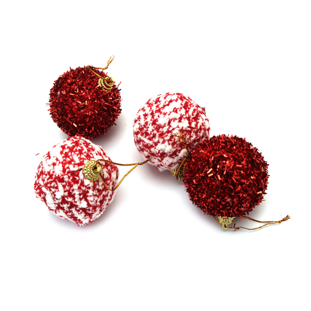 Коплект коледна украса топки 65 мм цвят бял и червен -12 броя