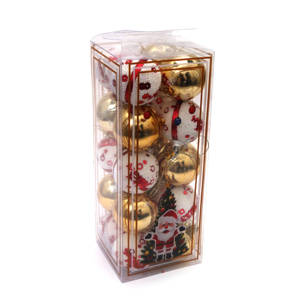 Коплект коледна украса топки 60 мм цвят бял, червен и злато -20 броя