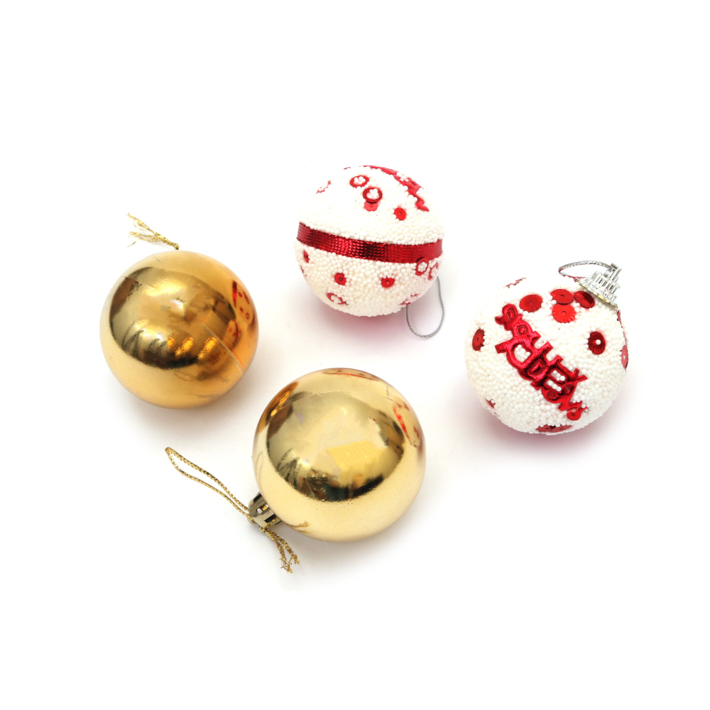 Коплект коледна украса топки 60 мм цвят бял, червен и злато -20 броя