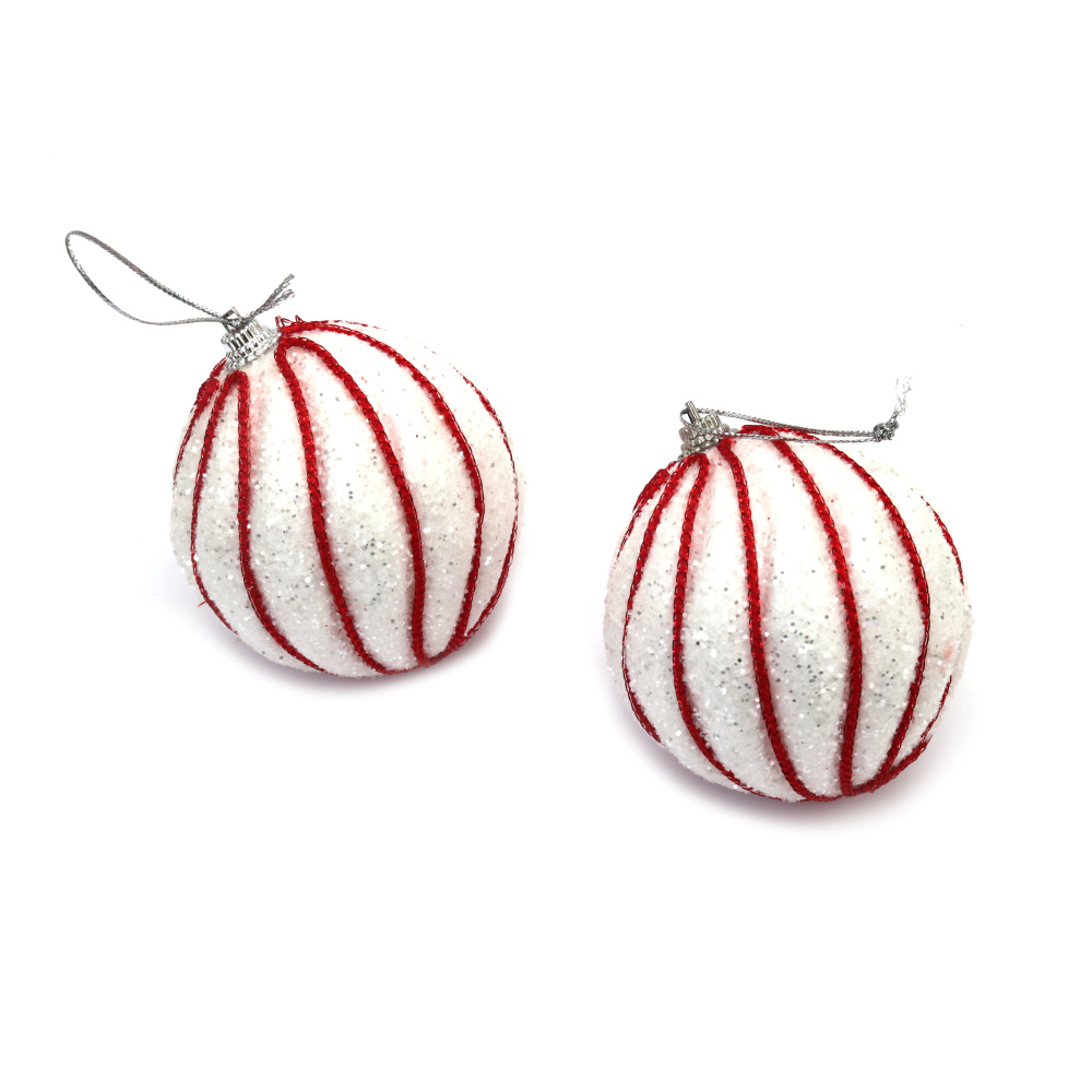 Коплект коледна украса топки 85 мм цвят бял и червен с брокат -3 броя