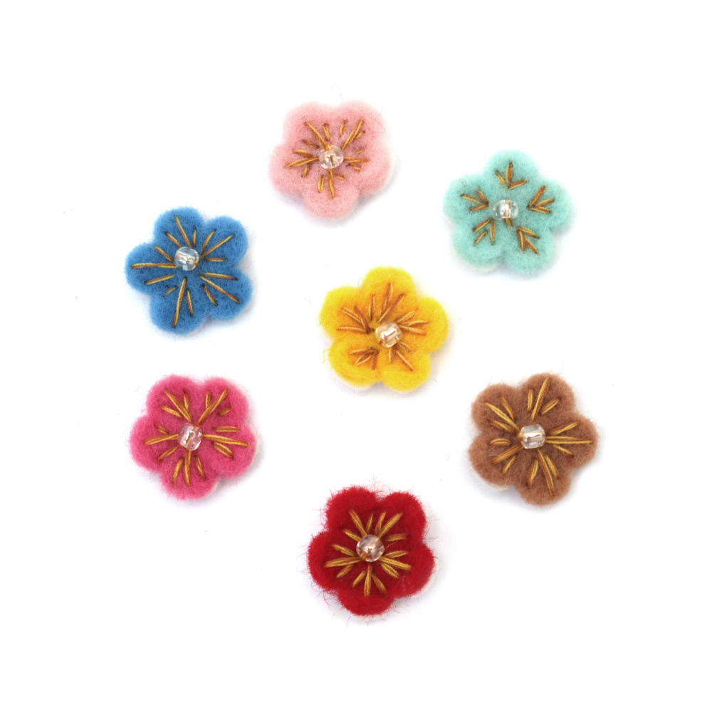 Handmade Felted Wool Flower with Bead 20 mm, Mixed - 4 Pieces