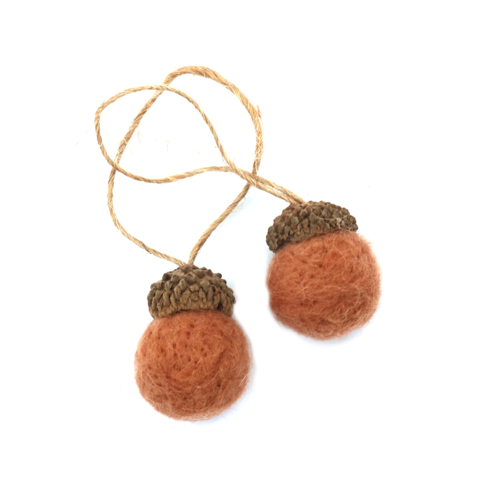 Handmade Wool Felt Acorn Pendant 30 mm, Brown - 2 pieces