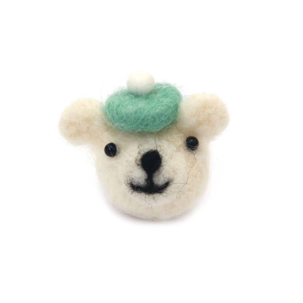 Handmade Bear from Natural Wool 42x49 mm, White Color