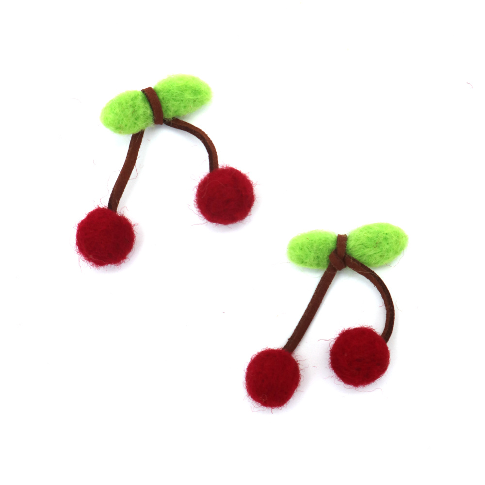 Felt Wool Cherries Handmade 50x30 mm - 2 Pieces