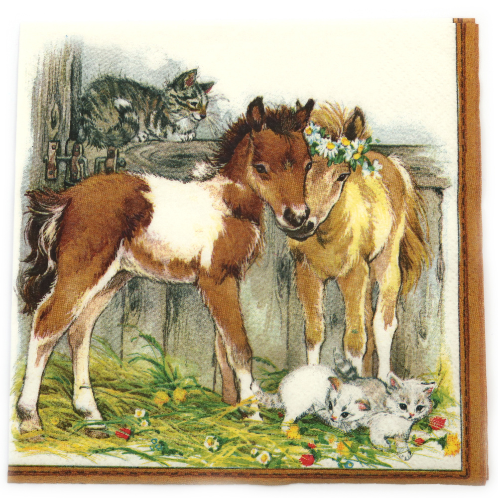 Ti-Flair Napkin, 33x33 cm, Three-Ply, Featuring Kitten and Foals in Stable - 1 piece