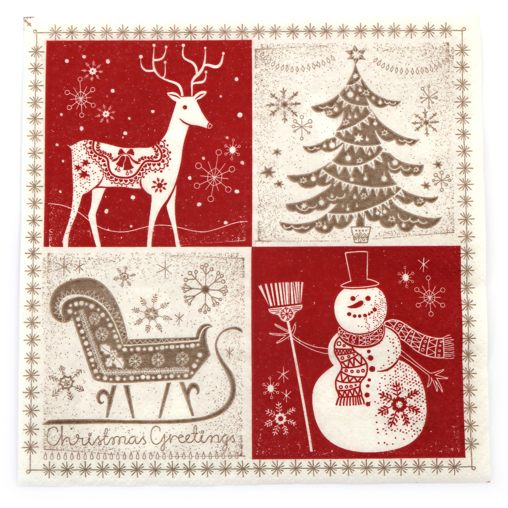 Ti-Flair Napkin, 33x33 cm, Three-Ply, Featuring Christmas Greetings in Red-Taupe - 1 piece