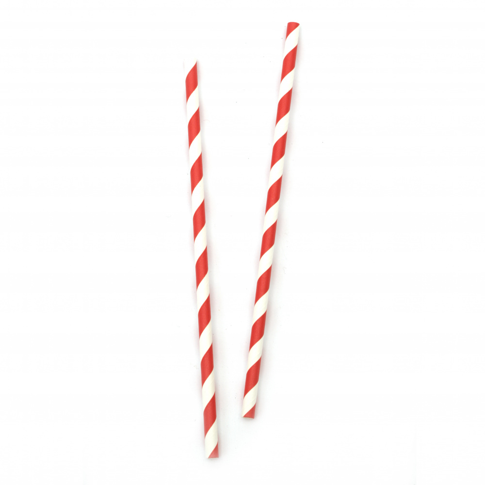 Paper Straws, 195x6 mm, Two-Tone Stripes, White and Red - 25 Pieces
