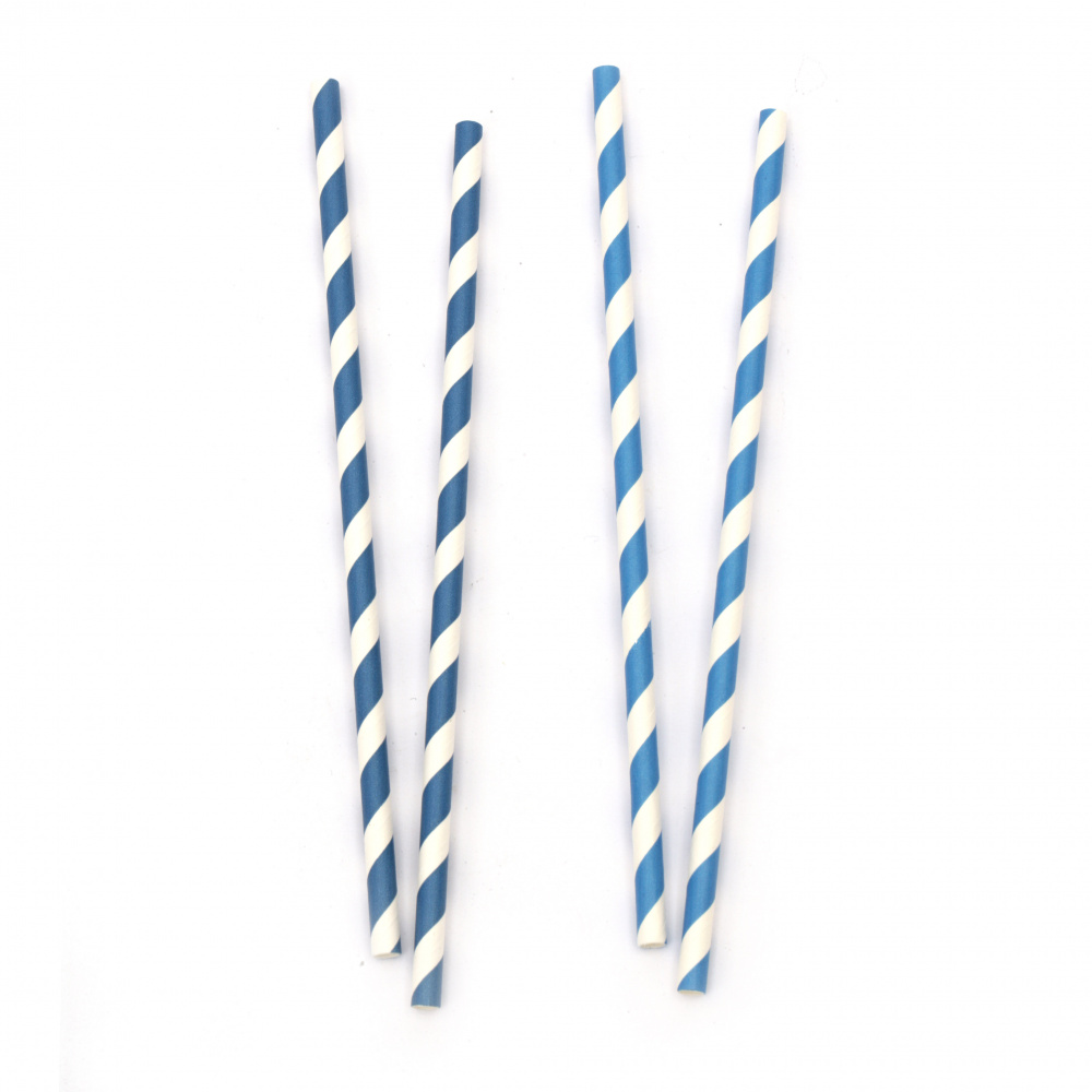 Paper Straws, 195x6 mm, Two-Tone Stripes, White and Blue - 25 Pieces